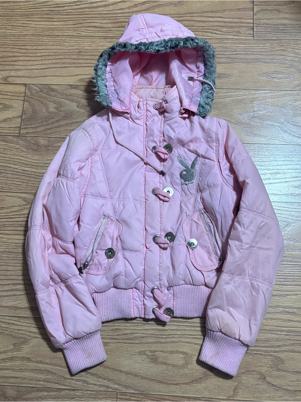 Y2K 2000s Playboy Light Pink Puffer Vest Faux Fur Hood Women’s Small HTF